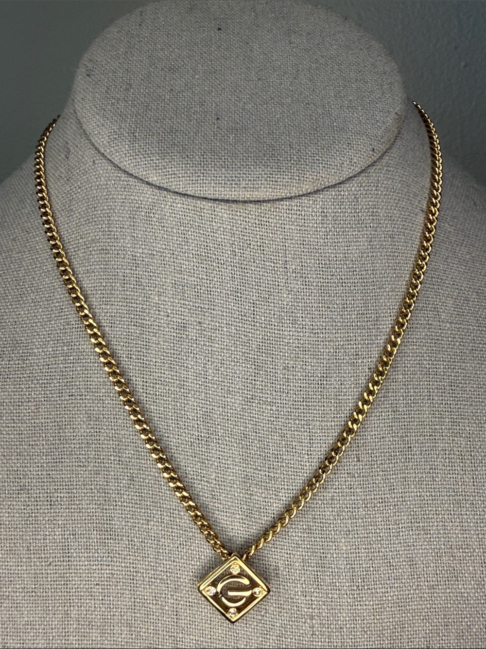 Givenchy G Logo Rhinestone Gold Tone Pendant Necklace 16" Vintage Signed